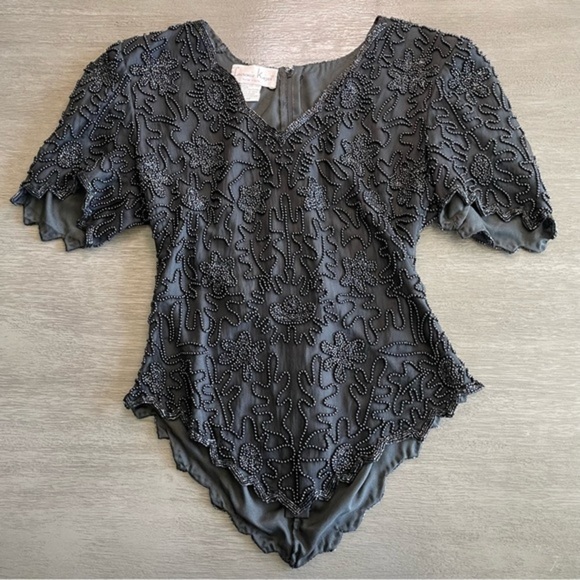 Vintage Black Fully Beaded Silk Basque Waistline Bodice Blouse - Picture 3 of 11